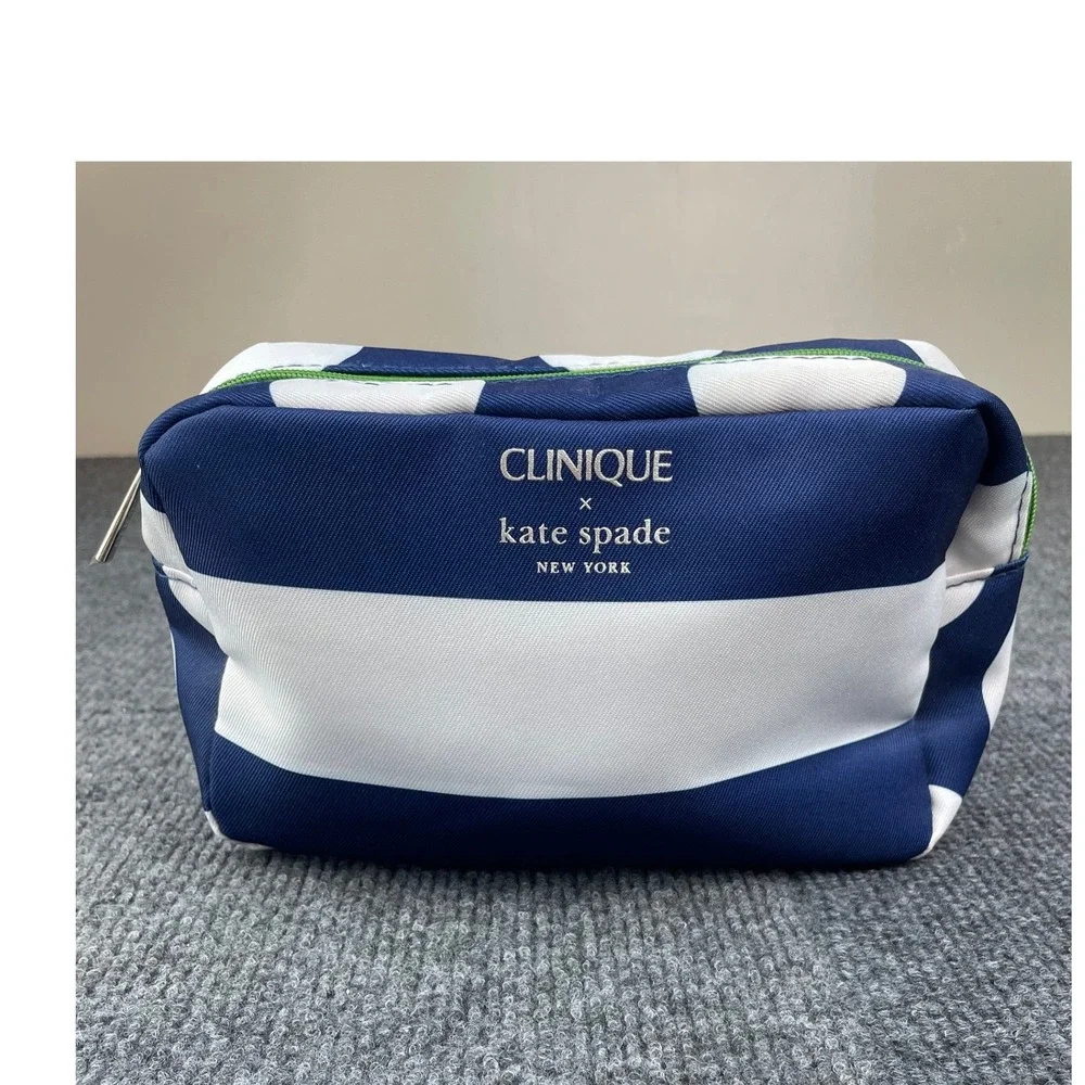 Clinique x Kate Spade New York Navy Blue White Stripe Polka Dot Makeup Bag Pouch
